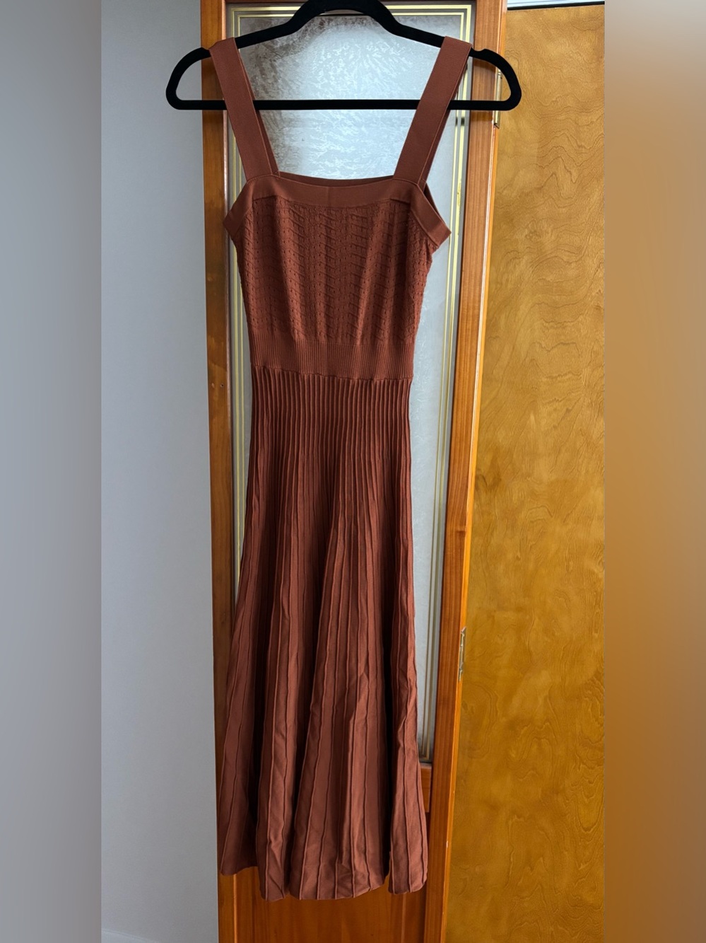 Allison Clothing Mason Brown Rust Midi Maxi Knit Dress with Wide Straps Pleats
